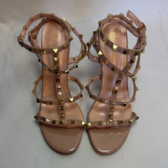 Pink/Tan Studded Sandals Belt Rivet Heels Women’s sz 8 - Picture 7 of 9